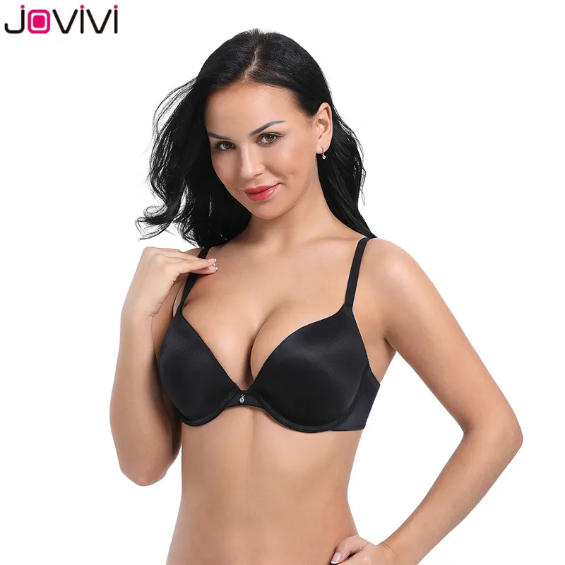 Jovivi 32A-38DD женская футболка бюстгальтер пуш-ап Повседневный базовый бюстгальтер для одежды с глубоким вырезом Гладкий слегка женский сексуальный бюстгалтер 1 шт. черный/белый/бежевый/розовый