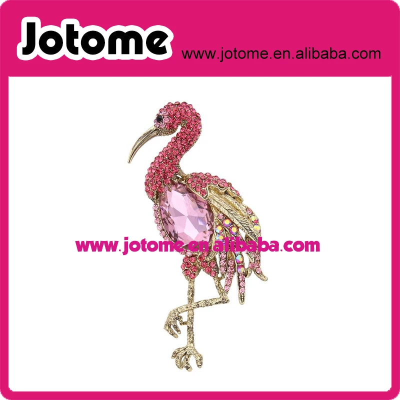 Золотой тон розовый кристалл горного хрусталя брошь Фламинго булавка кулон с