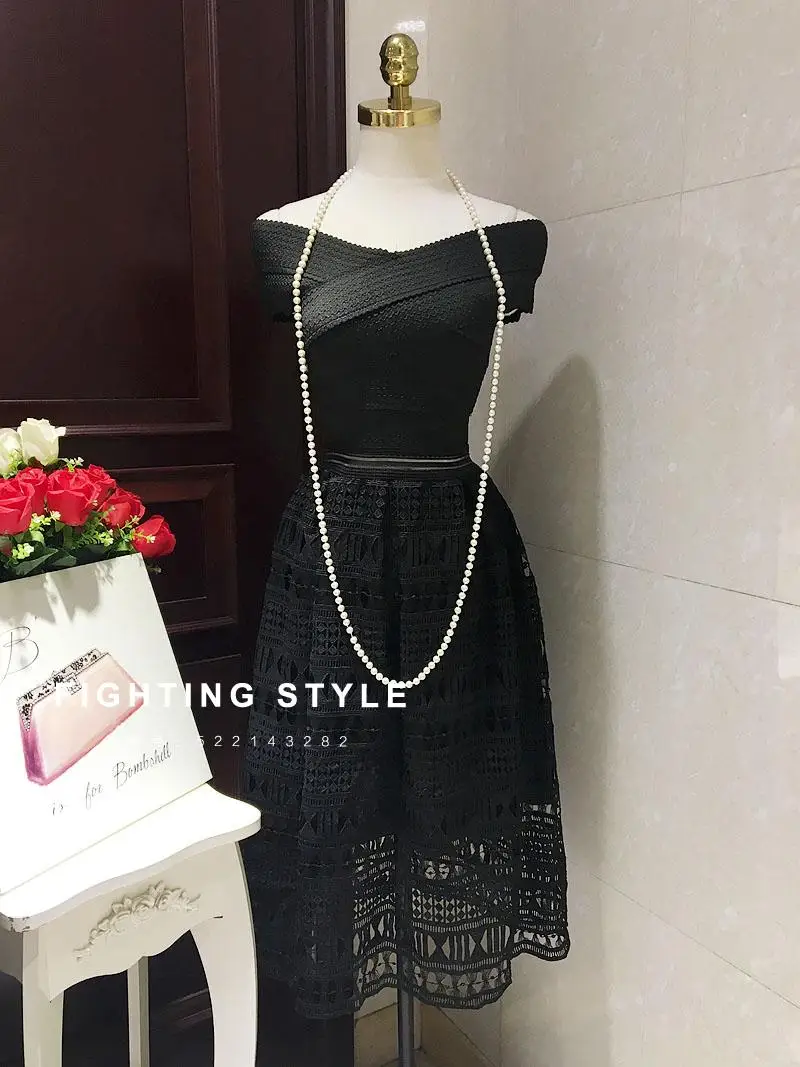 Твердые Кружева Полые женщин Повязку Слэш Шеи Сетка Выкл Шолдер Середины икры