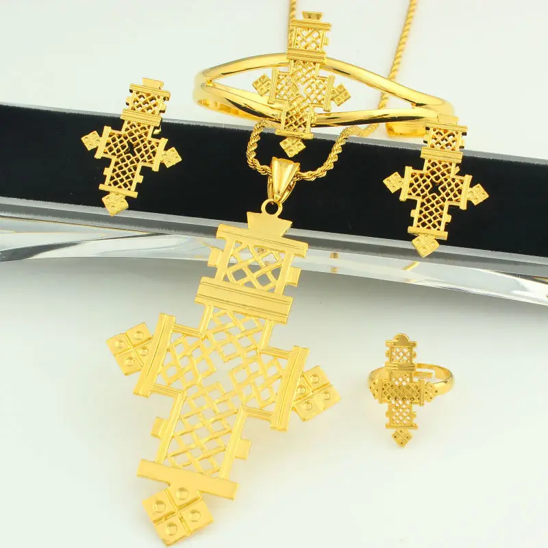 Adixyn большой размер Эфиопский крест набор ювелирных изделий 24-каратное Золото