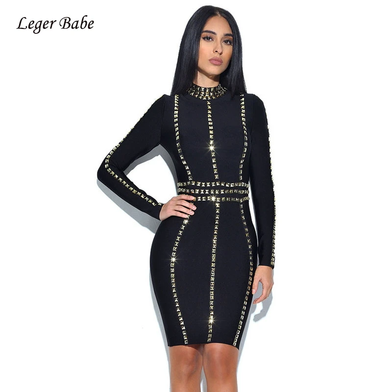 Leger Babe Новое Рождественская повязка платье Для женщин; зимняя обувь, как у знаменитостей вечерние платья с длинным рукавом с высоким воротником украшенное бусинами черные облегающие платья