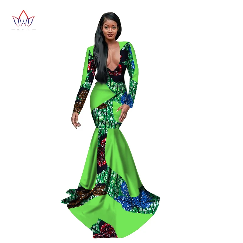 Платье женское длинное с юбкой годе V образным вырезом и принтом в африканском