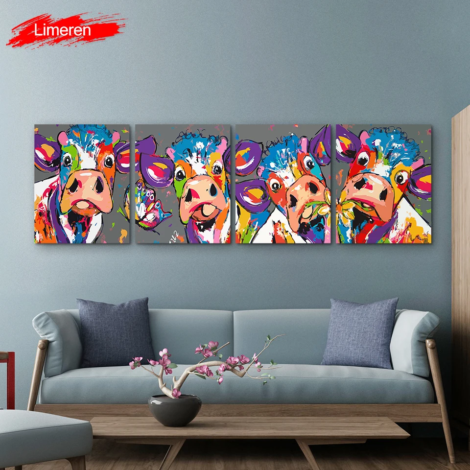 Vrolijk Schilderij 4 шт./компл. Wall Art Холст Картина маслом по номерам Абстрактная живопись Красочные Корова Животные ручная домашний Декор без рамки