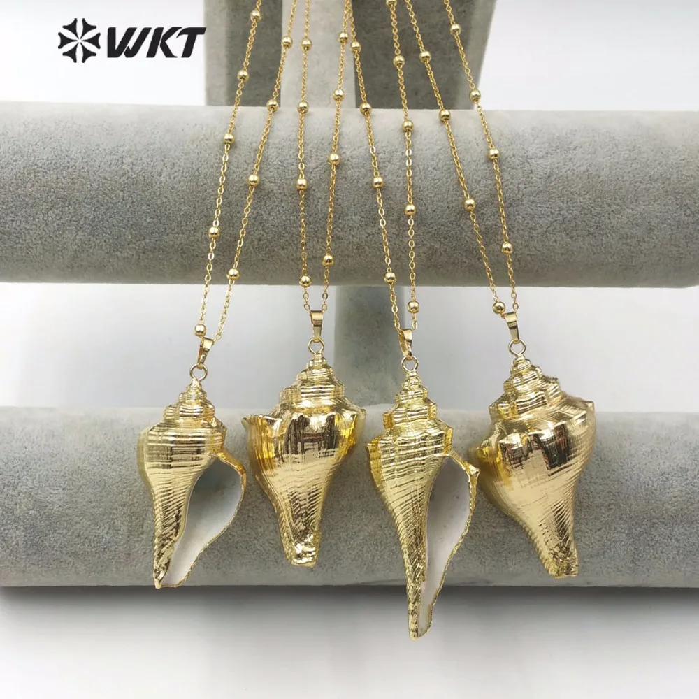 

WT-JN071 New Arrival Natural Trumpet Shell Pendant With Full Gold Dip Random Size Classic 18'' Shell Necklace For Ladies Gift