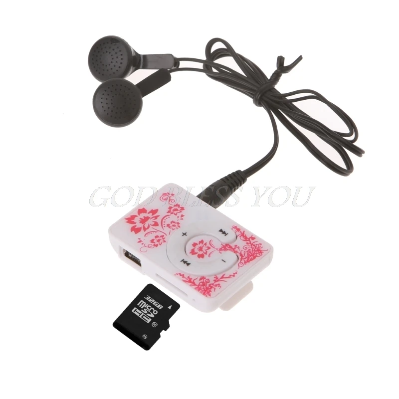 Музыкальный mp3-плеер с цветочным узором и зажимом карта TF 32 ГБ мини USB-кабелем