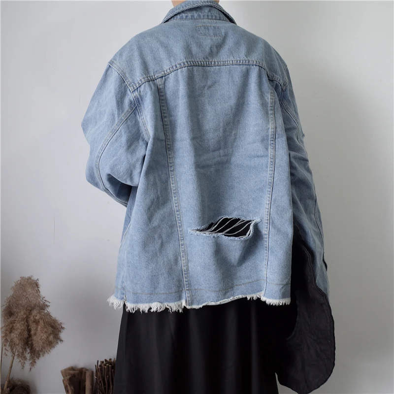 

Homemade men's dark and irregularly cut frayed edge wash ripped denim jacket