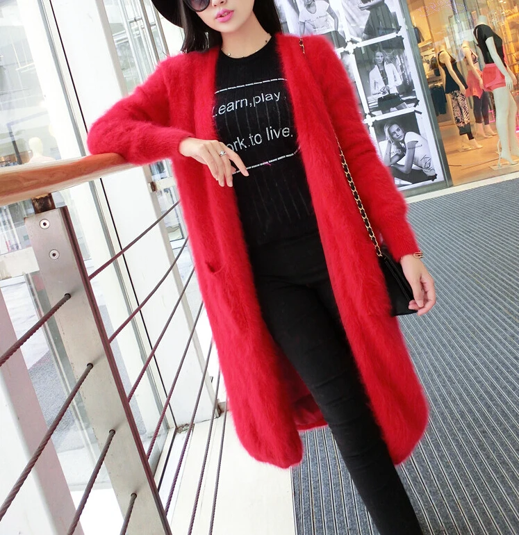 2019 New Arrival Knitted Real Mink Cashmere Long Cardigans Factory Custom OEM Natural Sweater Pocket Coat TBFP942 |