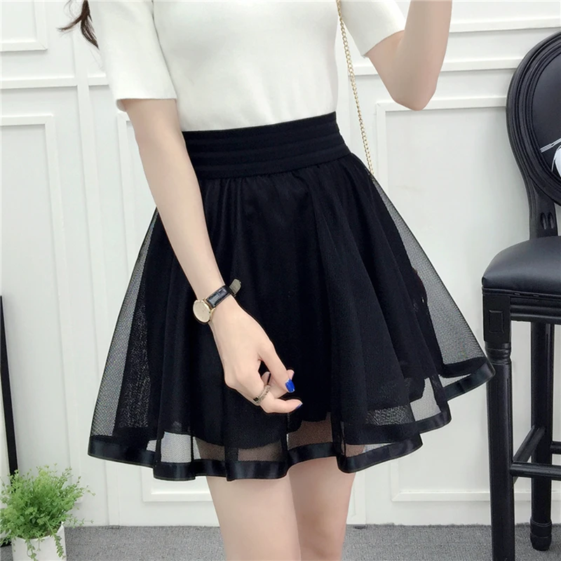 2021 New Spring Summer Women Black Mini Skirt Korean Elastic High Waist Skirt Shorts Sweet Mesh Tulle Umbrella Skirt Falda Tul