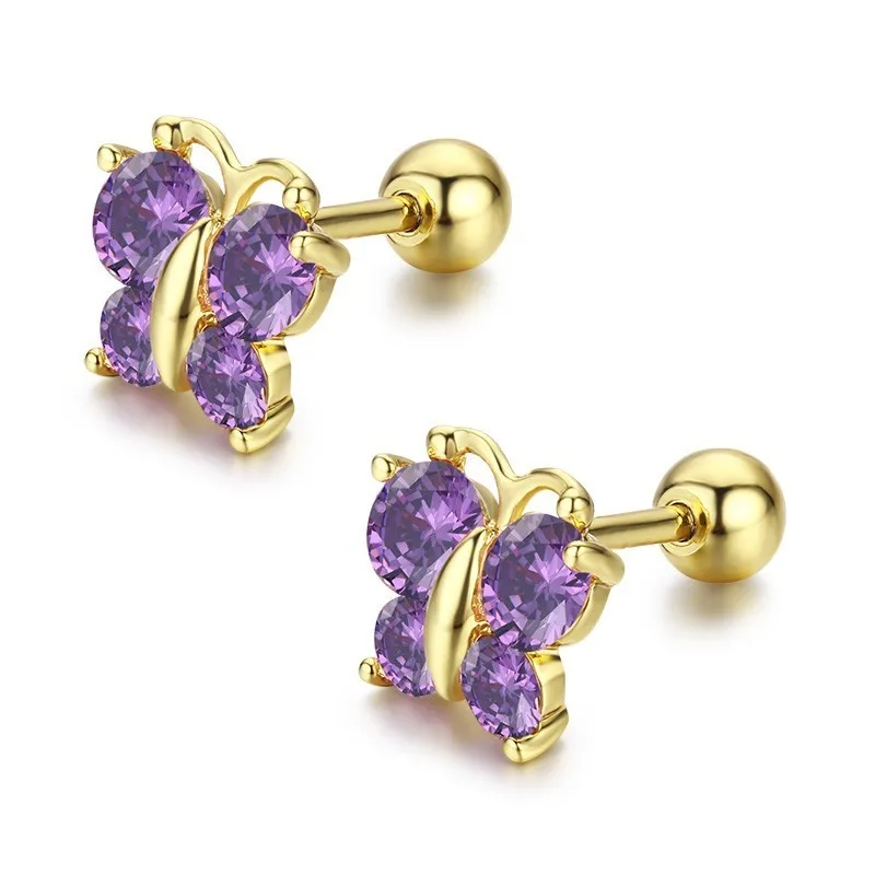 purple Серьги-гвоздики с милыми бабочками и кубическим цирконием для женщин, детей, маленьких девочек, золотого цвета, ювелирные изделия Aros Oorbellen - Окраска металла: purple