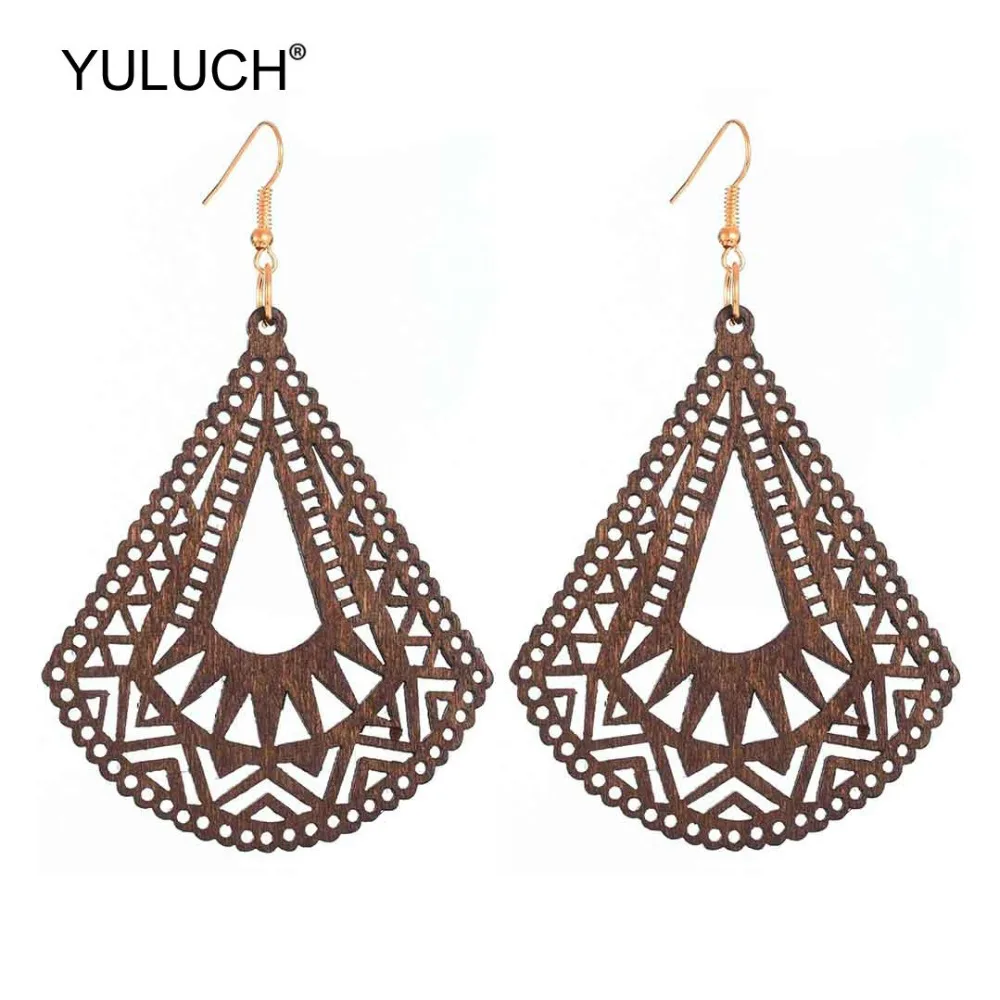 YULUCH 2019 этнические деревянные 4 цвета полые длинные Подвесные серьги Висячие