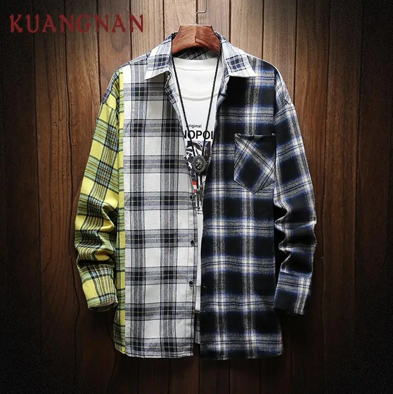 Yellow KUANGNAN, красная клетчатая рубашка, Мужская Уличная одежда, мужские рубашки, повседневные, приталенные, корейские мужские рубашки с длинным рукавом, 5XL, одежда, весна, новинка - Цвет: Yellow