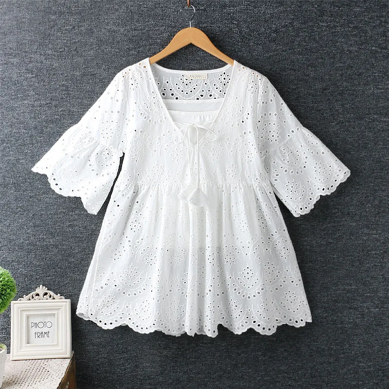 Sweet Chic Embroidery Women Blouse And Top Flare Sleeve Beach Summer Set V Neck Hollow Out Yellow Shirt +Camis 2 Pieces Babydoll | Женская