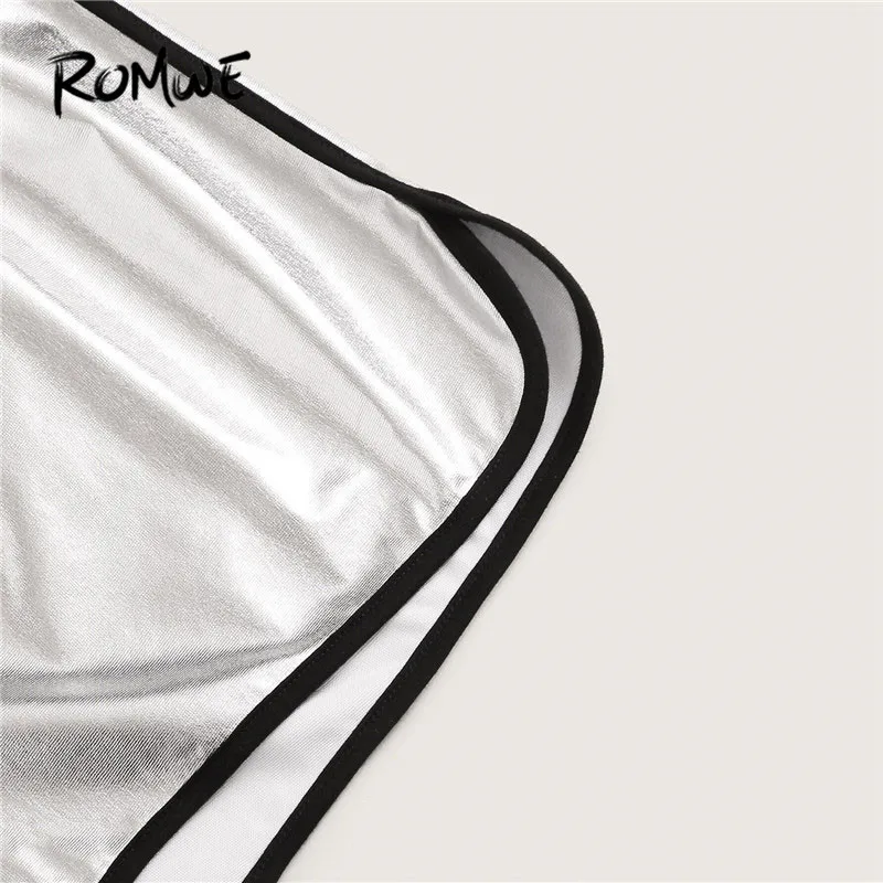 ROMWE Grey Knot Waist Contrast Binding Metallic Dolphin Shorts Women Athleisure Elastic Drawstring Waist Summer Shorts