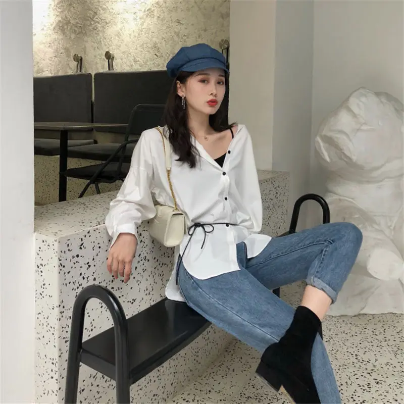 Женские блузки с поясом Hzirip модные однотонные Топы без застежки весна-осень 2019 |