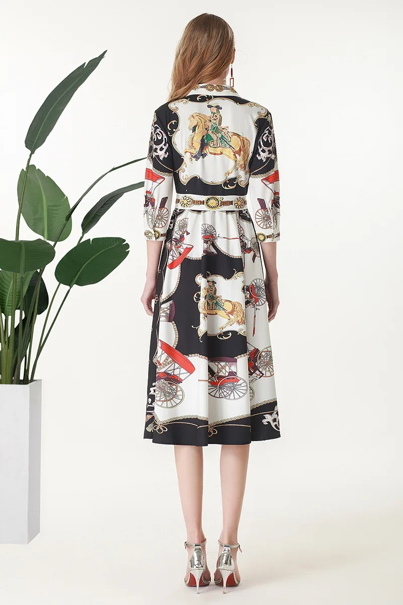 summer dress three quarter sleeves 2019 women diamonds beading office lady cotton print V-neck fashion elegant clothing | Женская одежда