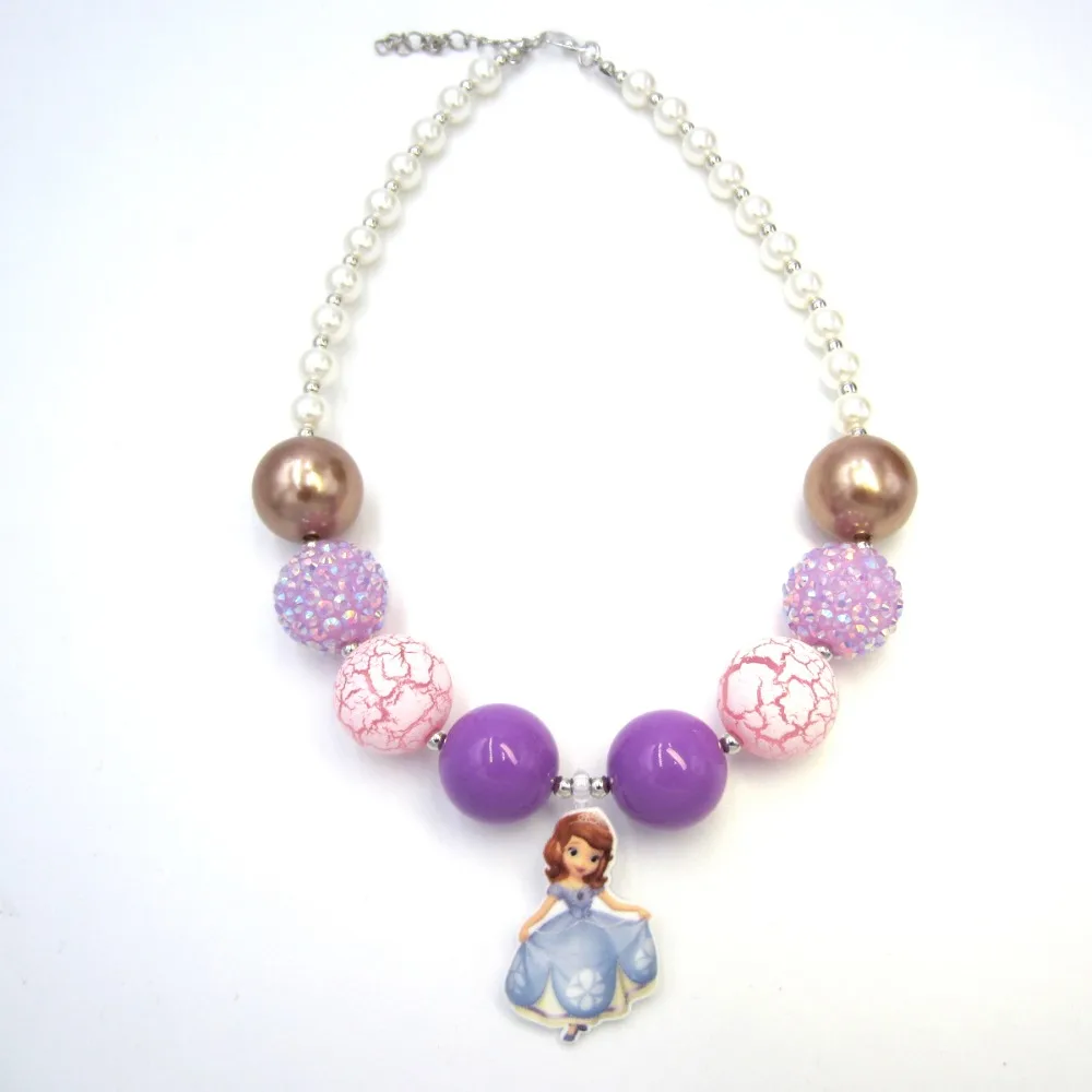 1set Girls Lovely Princess Sofia Charm Purple Amulet Baby Chunky Bubblegum Necklaces Tiara Crown Hair Clip HeadwearJewelry |
