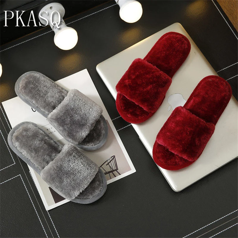

PKSAQ Red Slippers Warm Plush Winter Fur Slippers Solid Soft Indoor Shoes Flat With Home Slippers Thermal Home shoes