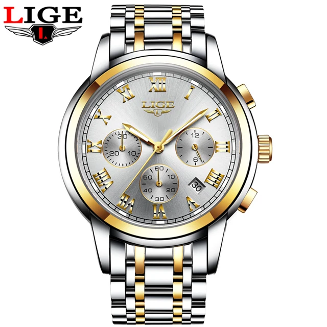 Gold white Новые часы мужские роскошные брендовые LIGE с хронографом мужские спортивные часы водонепроницаемые полностью Стальные кварцевые мужские часы Relogio Masculino - Цвет: Gold white