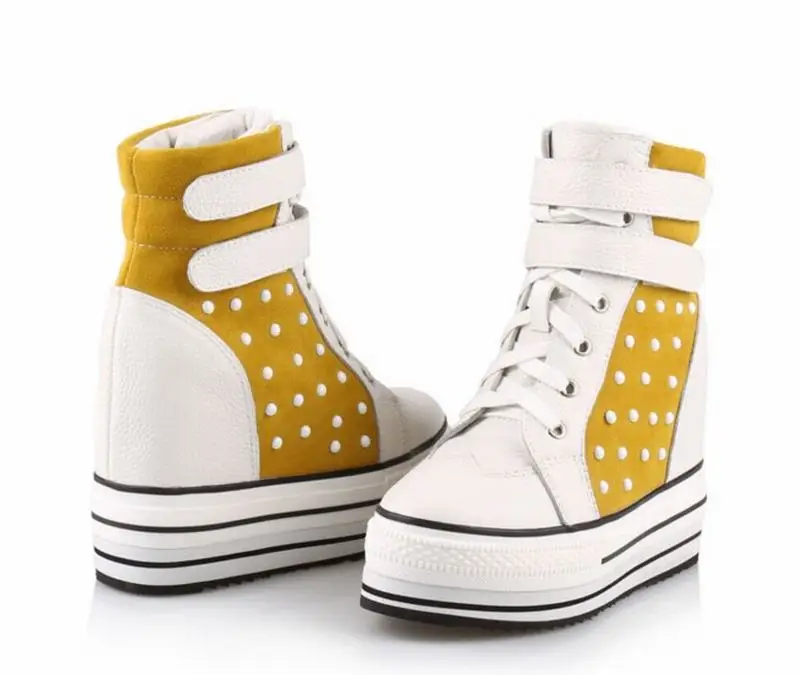genuine leather wedges heel women ankle boots fashion platform high-heeled rivets botas femininas high top lace up casual shoes | Обувь
