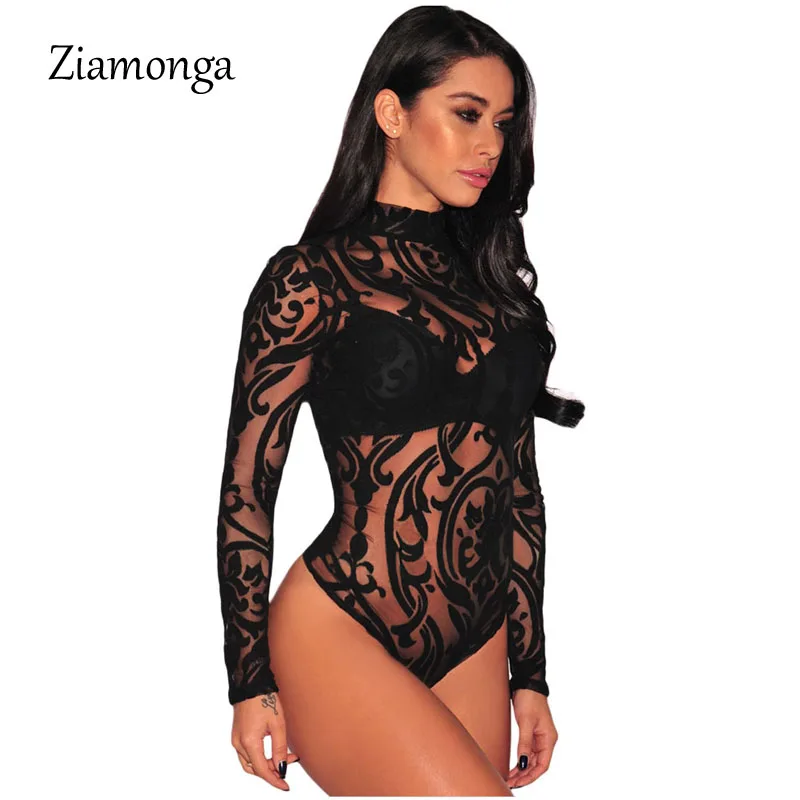 Женское боди с длинным рукавом Ziamonga черное Сетчатое Кружевное принтом и высоким