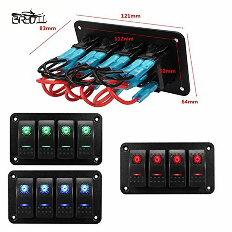 12V 24V красный/синий/зеленый светодиод 4 Gang клавишный переключатель панель