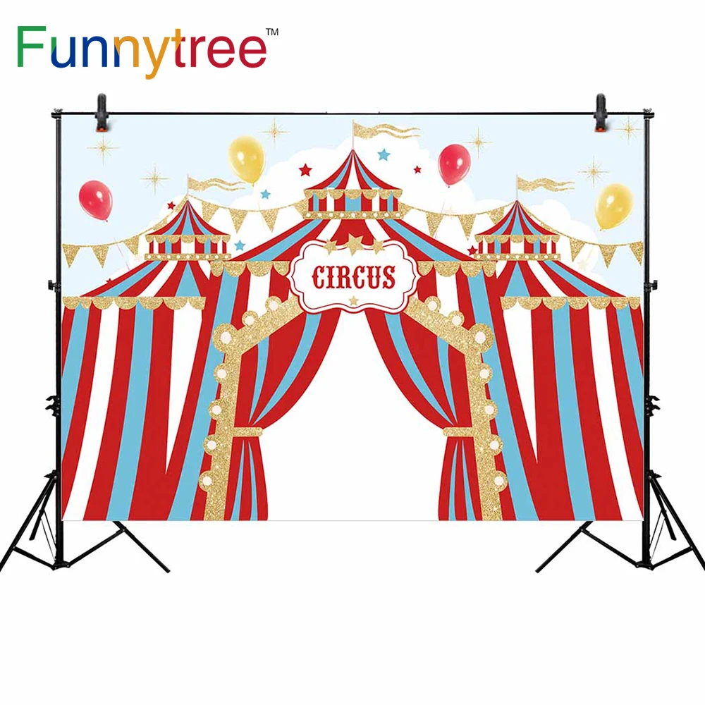 

Фон для фотосъемки Funnytree с изображением дня рождения, Золотой флаг, цирковые красные полосы, воздушные шары для маленьких детей, новый дизайн