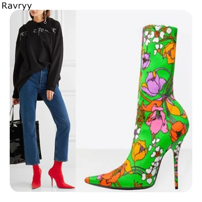 Эластичные женские полусапожки с цветочным принтом Пикантные ботиночки острым