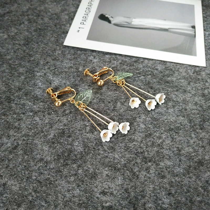 PINKSEE 1 Pair Lily Flower Earrings For Women Ear Clip Gold Color No Piercing Design Drop Ears Jewelry | Украшения и аксессуары