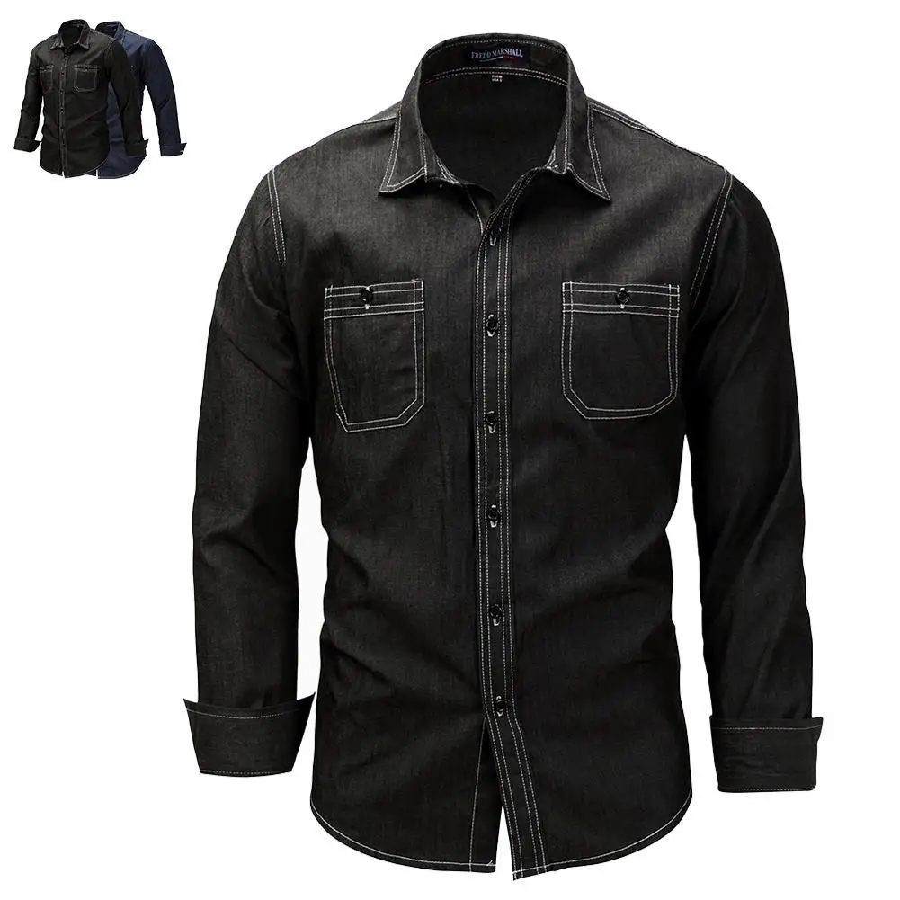 2018 Slim Fit износостойкая рубашка мужские рубашки с длинным рукавом черные