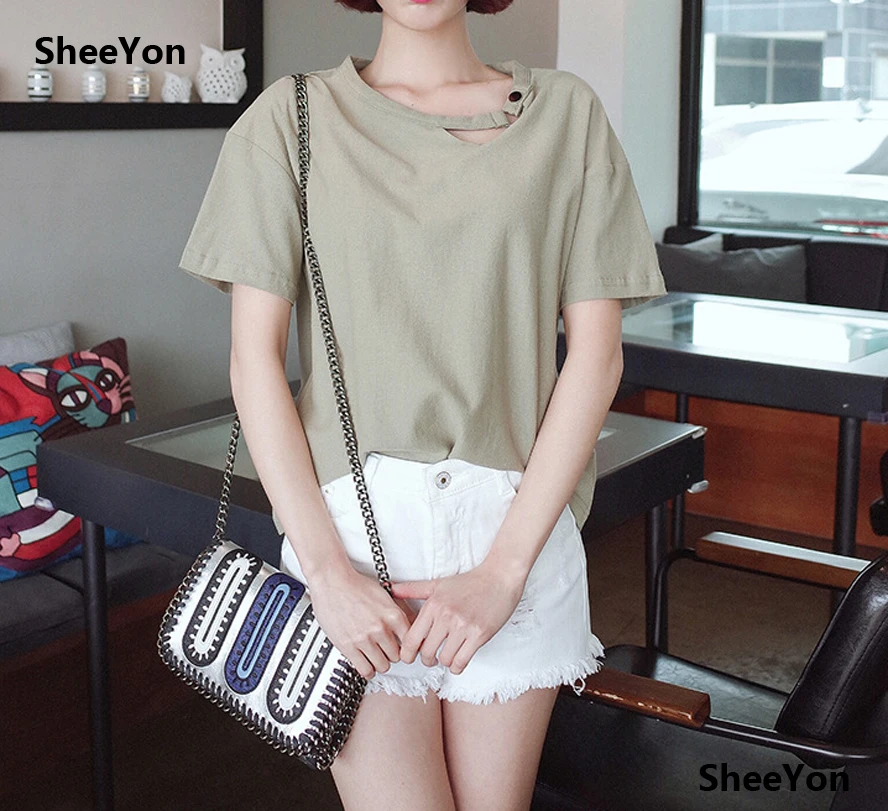 Sheeyon женская летняя обувь хлопок свободные сплошной Футболки для девочек женские