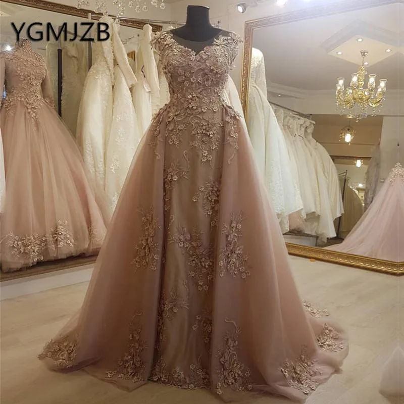 Elegant Long Prom Dresses 2019 Mermaid Detachable Train Appliques Lace 3D Flowers Evening Dresses Women Formal Dress Party Gown