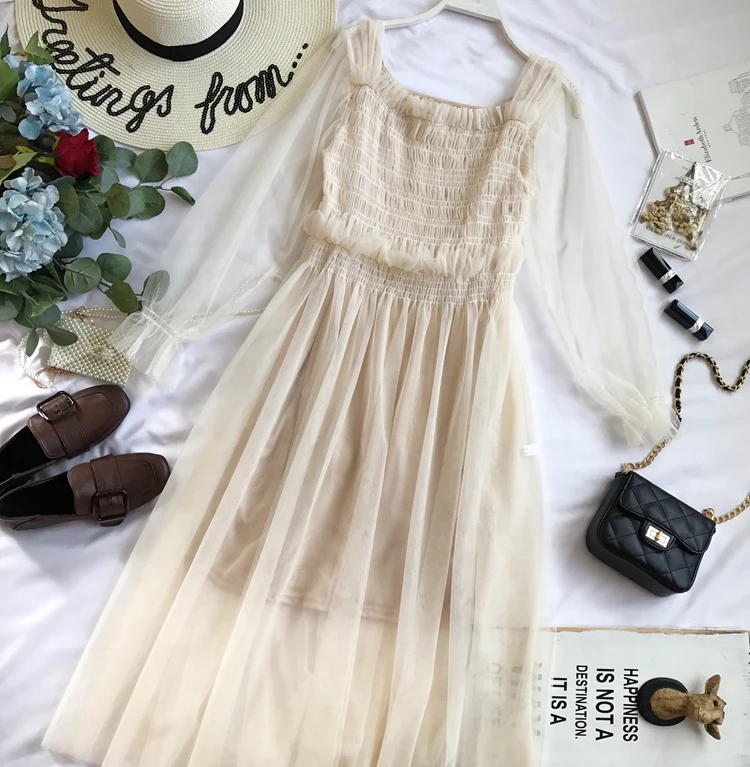 Осень 2019 женские тюлевые платья с длинным рукавом сетчатые женское