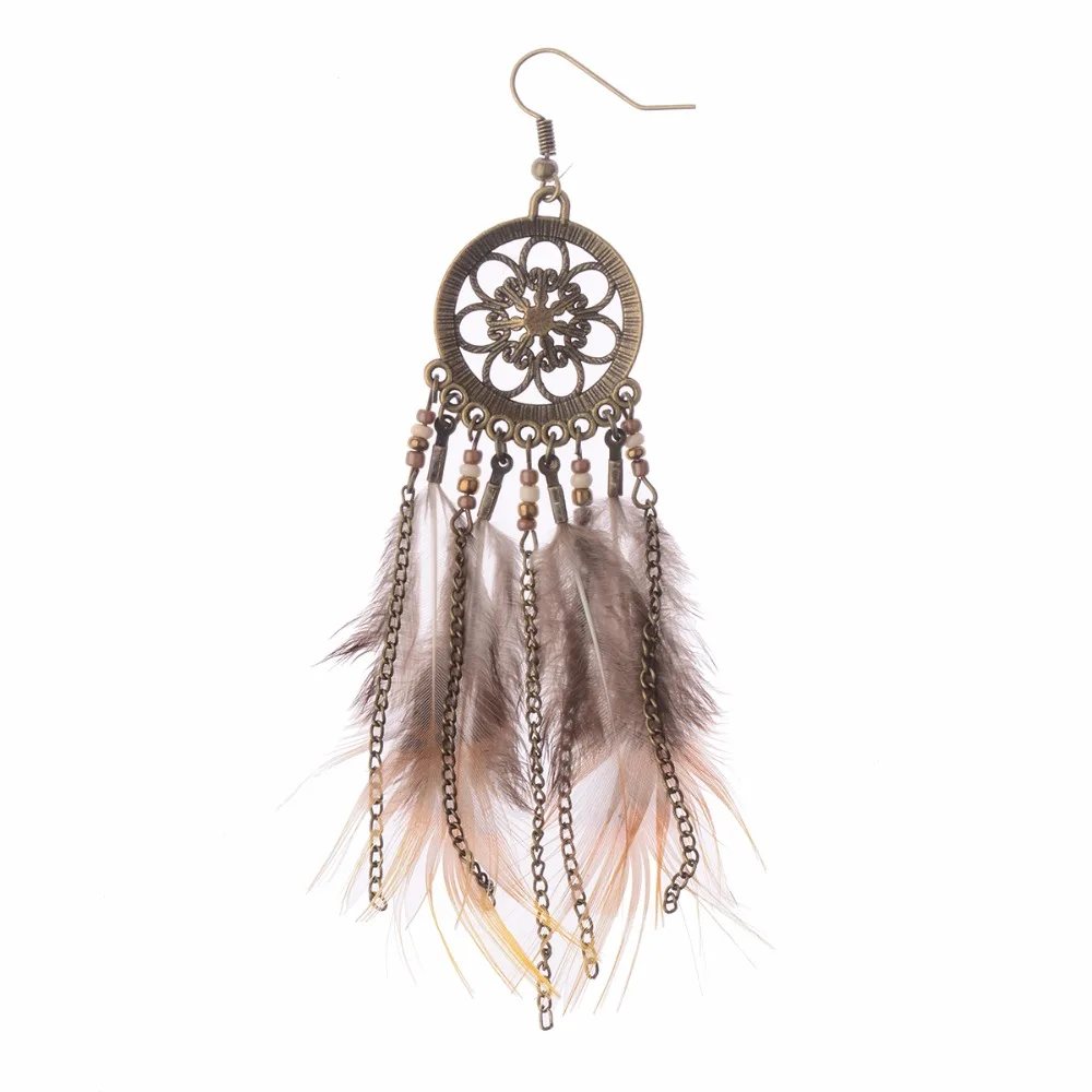 Amader Ловец снов Бронза цепь с перьями кисточки Женские Висячие серьги богемные