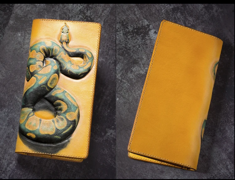 

High-end Handmade Wallets Carving Python Purses Men Long Clutch Vegetable Tanned Leather Wallet Card Holder