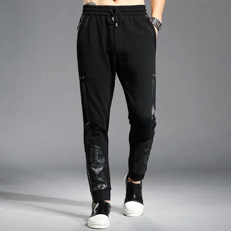Осень лоскутное ПУ Printed Joggers Штаны нога молния Для мужчин Повседневное Slim Fit