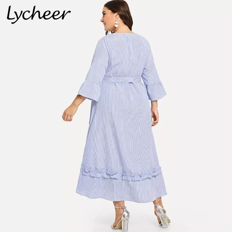 Lycheer Plus асимметричное Полосатое платье-рубашка платья с рукавом-клеш повседневные платья плюс размер сращенная рубашка длинное платье 6XL