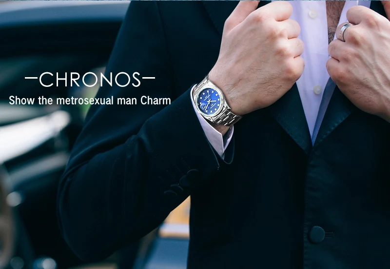 CHRONOS мужские водонепроницаемые кварцевые часы с датой аналоговые деловые часы мужские стразы из нержавеющей стали часы с зеленым синим циферблатом