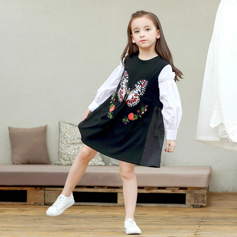 Коллекция 2017 года осеннее платье для девочек с цветочной вышивкой и аппликацией