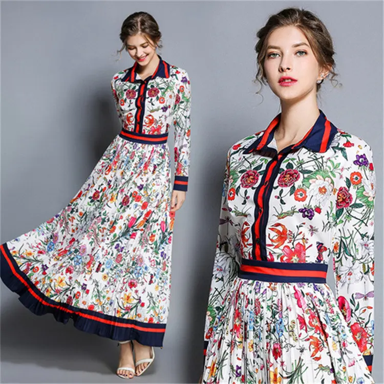 FANIECES, сексуальное осеннее женское платье с рукавом, воротник-стойка, винтажный принт, длинный сарафан, бохо, а-силуэт, макси платья, уличная одежда - Цвет: Многоцветный