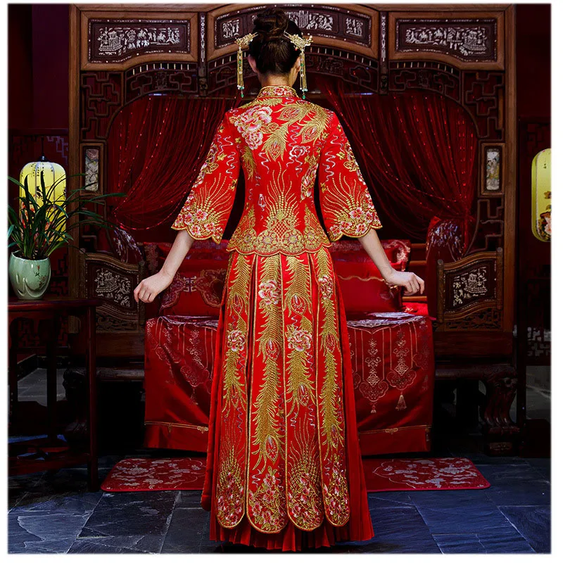 

bride wedding dress Traditional chinese style costume Phoenix cheongsam Embroidery clothing Luxury ancient Royal Red Qipao gown