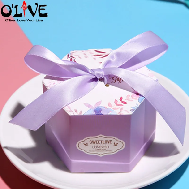 20 Pcs Gift Box Candy Boxes Party Favors Wedding Bonbonniere Hexagon Starry Sky Bow Paper Box Chocolate Sugar Dragees Sweets