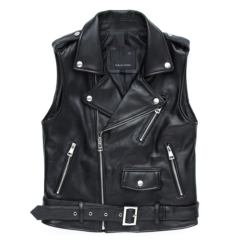 Chic women's leather waistcoat 2019 spring  sheepskin moto & biker jackets vests coat M-3XL size G111