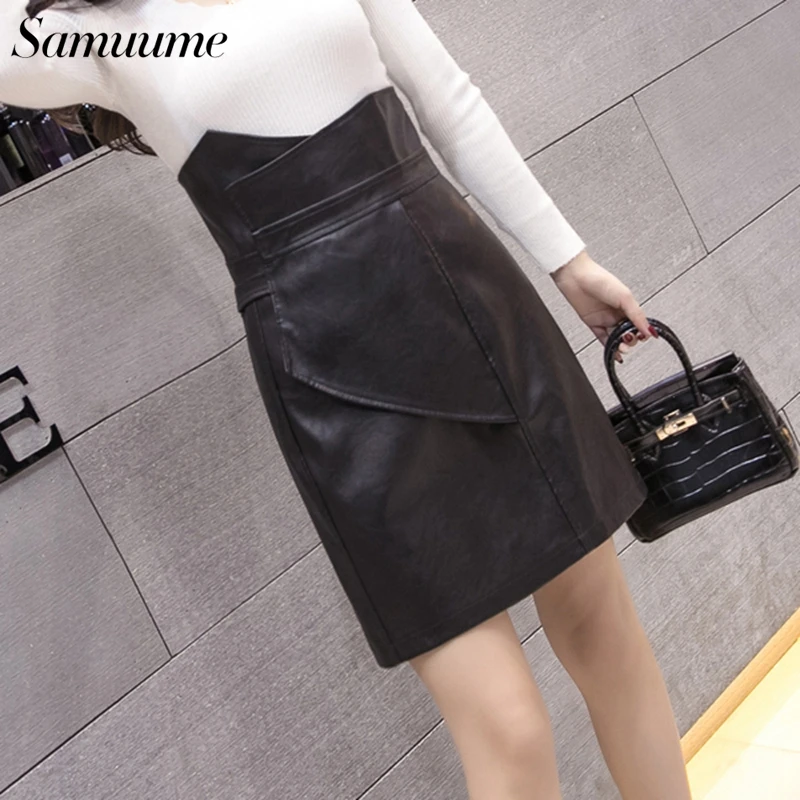 Samume 2019 корейская кожаная юбка Женская высокая талия линия Мини Короткая черная