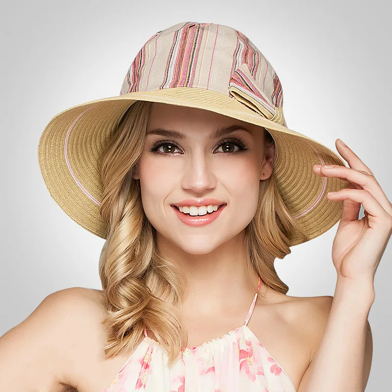 

2017 New Style Fresh Cotton and Linen Stripe Splicing Big Bow Ladies Summer Vacation Sun Hat Sun Hat Sunscreen