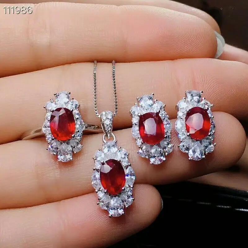 

MeiBaPJ Natural Ruby Gemstone 925 Pure Silver Earrings Ring Pendant Necklace 3 Suits Fine Wedding Jewelry Sets for Women