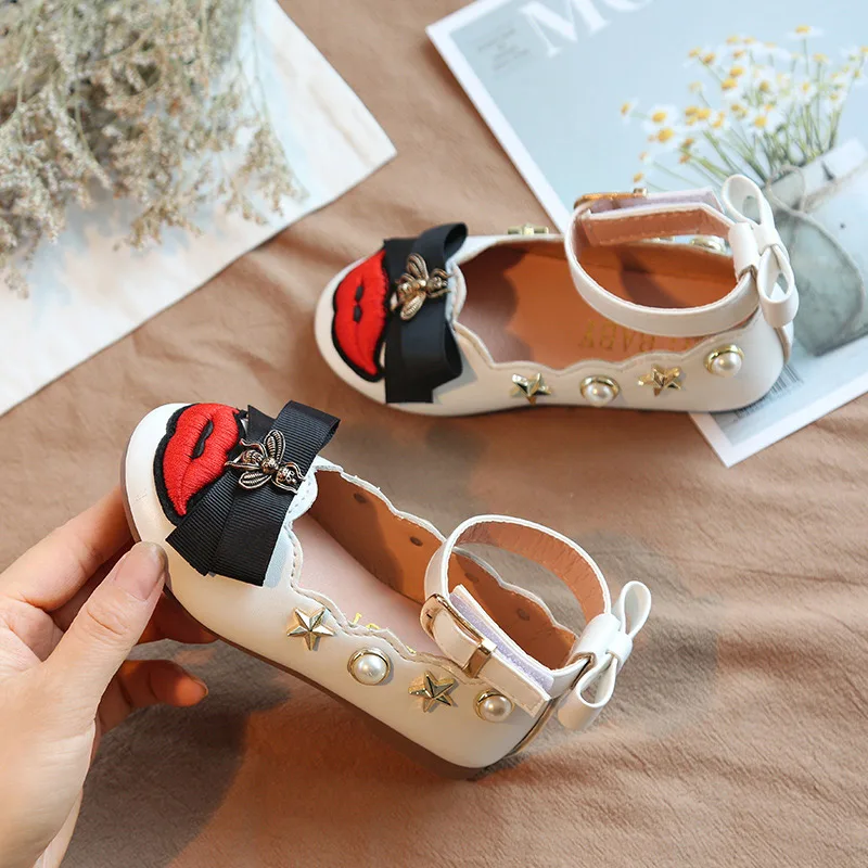 Spring Autumn girls shoes kids brand baby children princess pearl rivet lips embroidery tape bow 1 to 13 yrs |