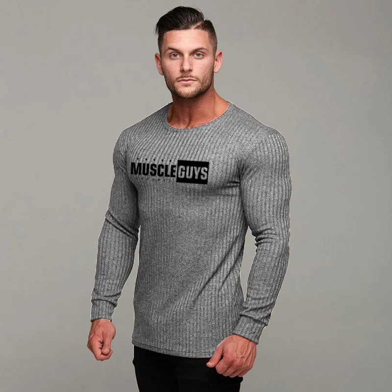 Бренд Muscleguys, осенний свитер для мужчин, Модный повседневный мужской свитер с круглым вырезом, облегающий вязаный мужской свитер, пуловеры
