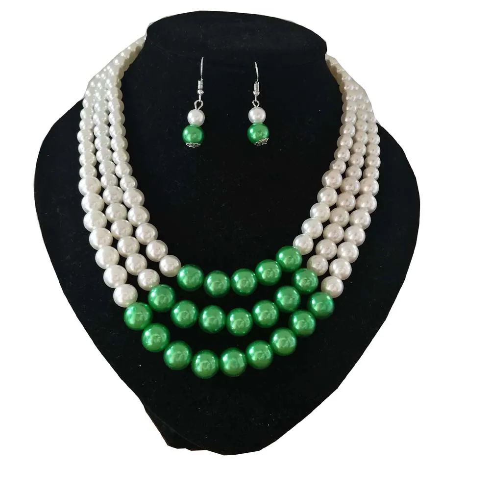 green W white На заказ, многослойные жемчужные бусы, женское ожерелье, серьги, ювелирный набор, три нити, розовый, зеленый, бисерное жемчужное ожерелье - Окраска металла: green W white