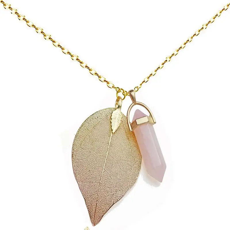 Кварцовое ожерелье кулон кристалл точка цепочки стиля бохо шик натуральный лист