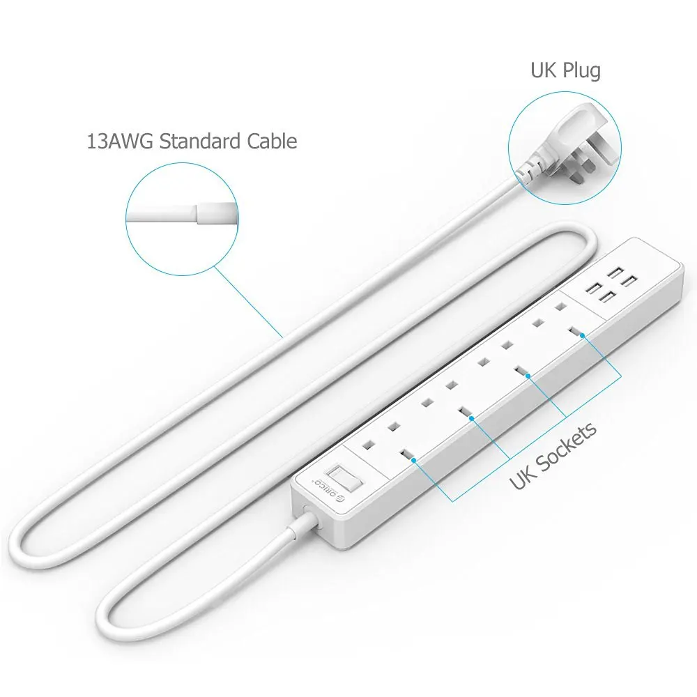 ORICO 4AC 4 USB силовая полоса Умная Электронная розетка вилка Великобритании для дома и офиса Защита от перенапряжения многофункциональная розетка-удлинитель